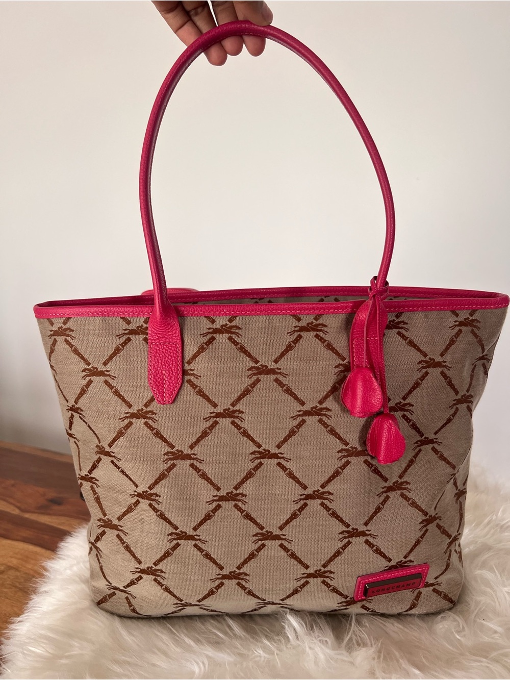 Longchamp Hot Pink Logo Tote with Brown Monogram Interior